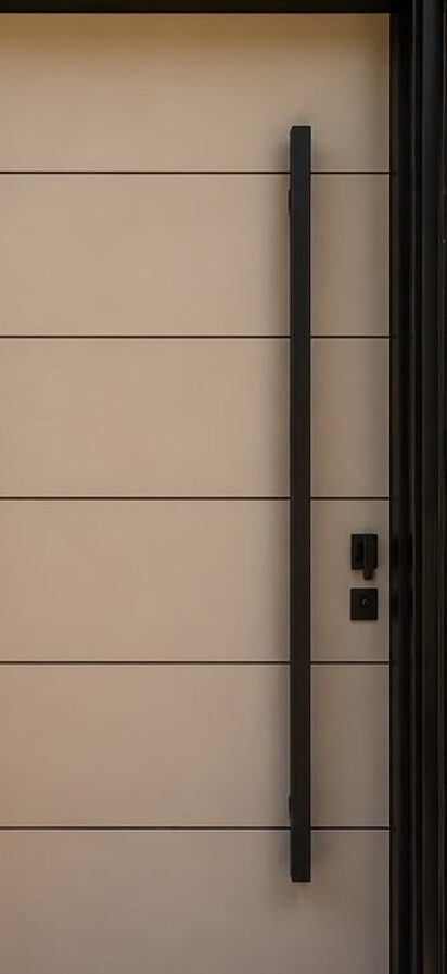 Modern front door with long black handle installed by CA Garage Doors Ltd in Brampton