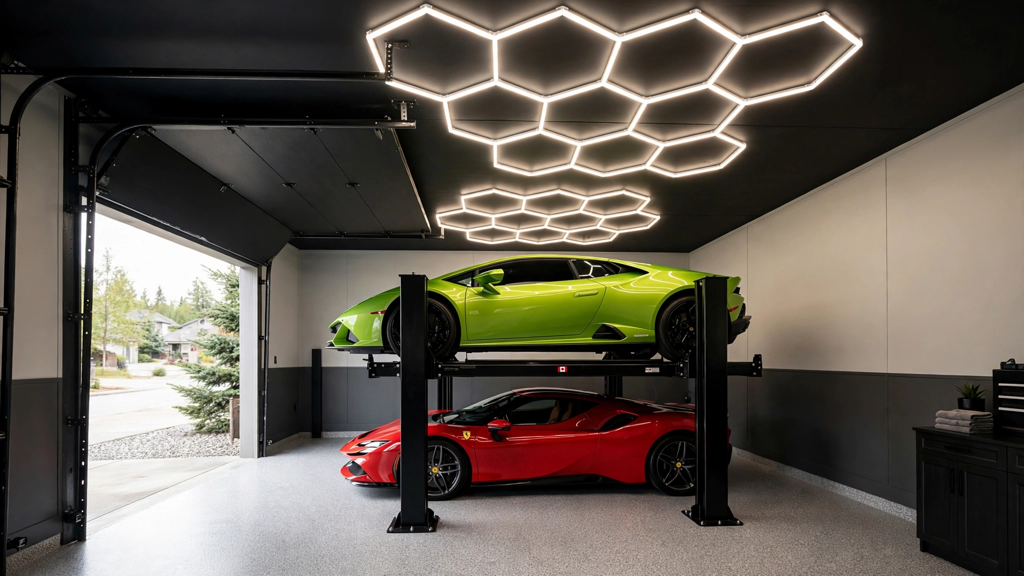 High-lift garage door conversion with a parking lift storing two sports cars
